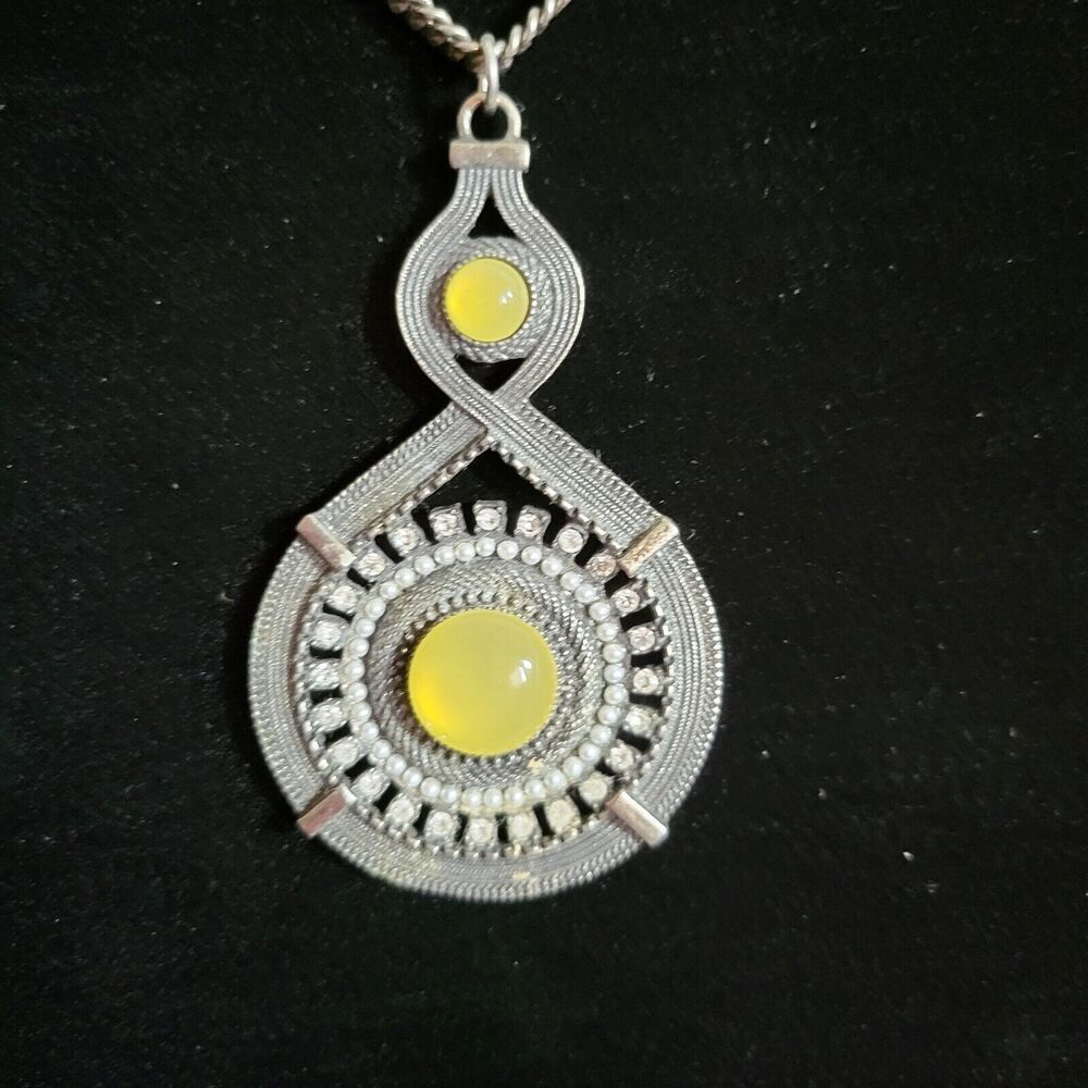 Lia Sophia Signed Necklace & Pendant Rustic Rhinestones Citrine Colored Stones